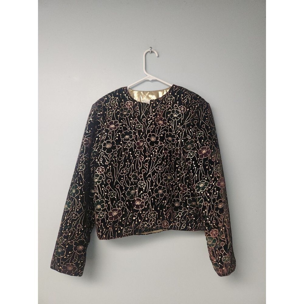 Rothschild For Lilli Ann Night Life Gold Metallic Faux Velvet Floral Jacket Sz M